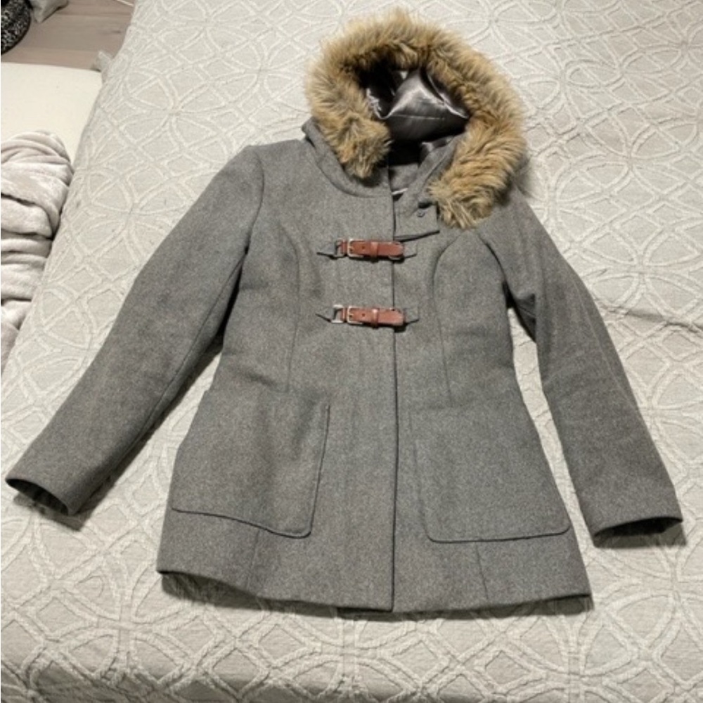 RW&CO Grey Wool Blend Winter Coat with Front Buckle Detail & Faux Fur Trim Hood